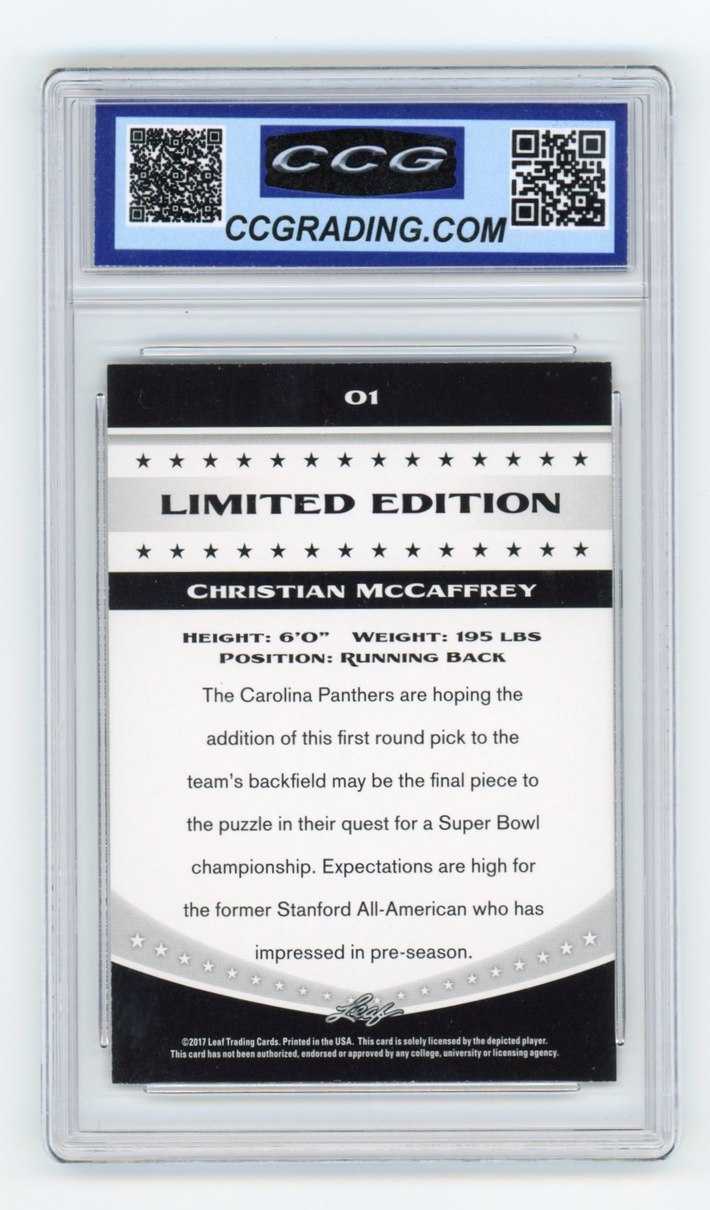 2017 Christian McCaffrey Leaf Limited Edition RC #01