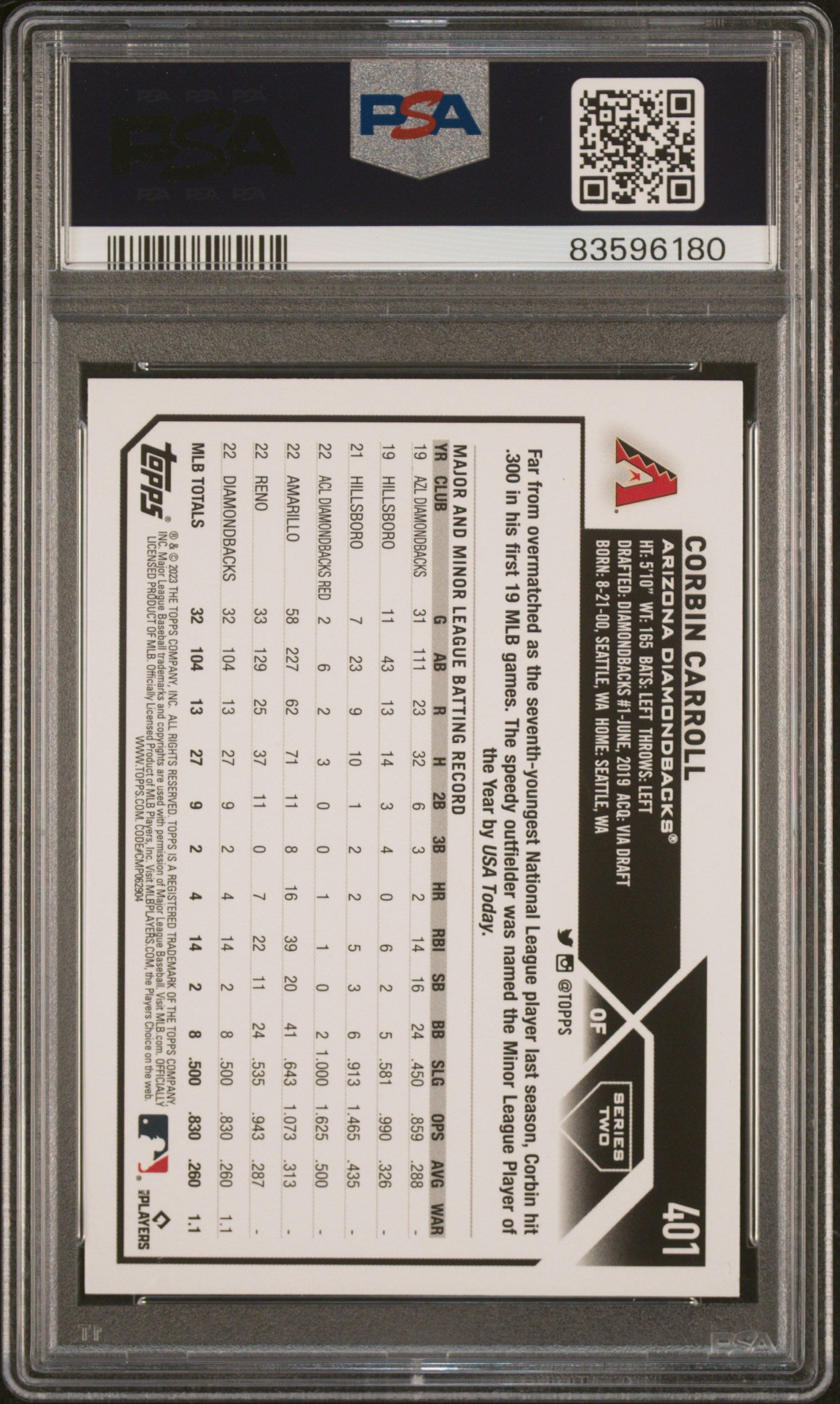 2023 Corbin Caroll Topps #401 Rainbow Foil PSA 10