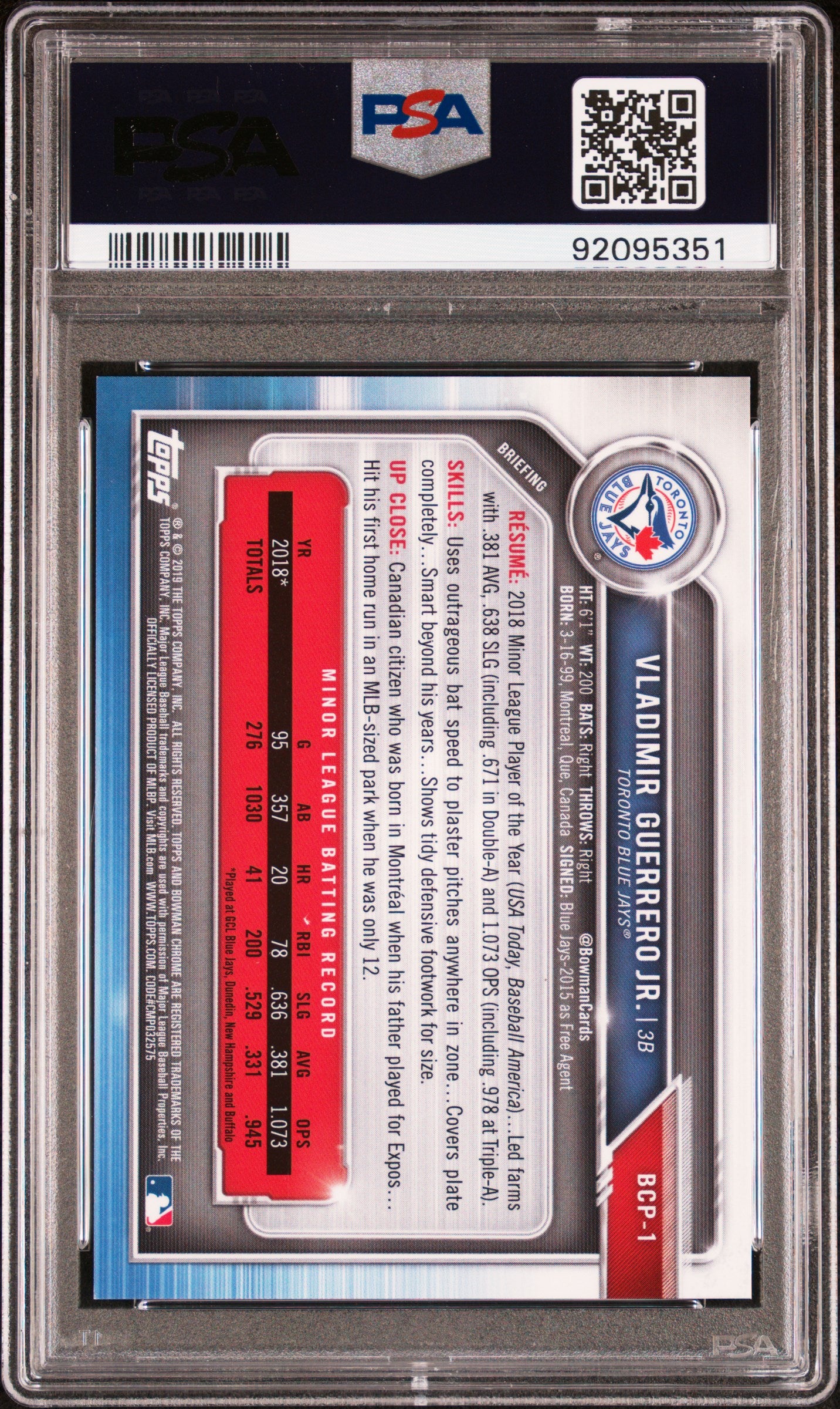 2019 Vladimir Guerrero Jr. Bowman Prospects Chrome #1 Aqua Ref. PSA 10