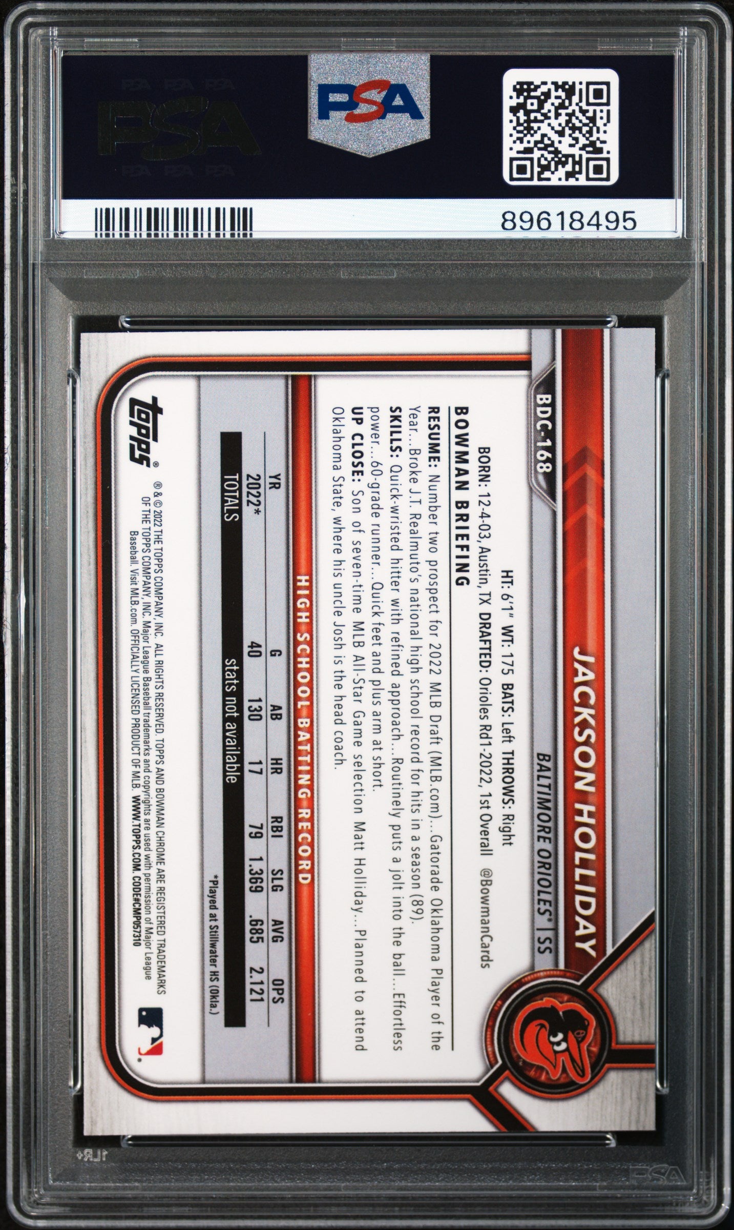 2022 Jackson Holliday Bowman Draft #BDC168 Chrome PSA 10