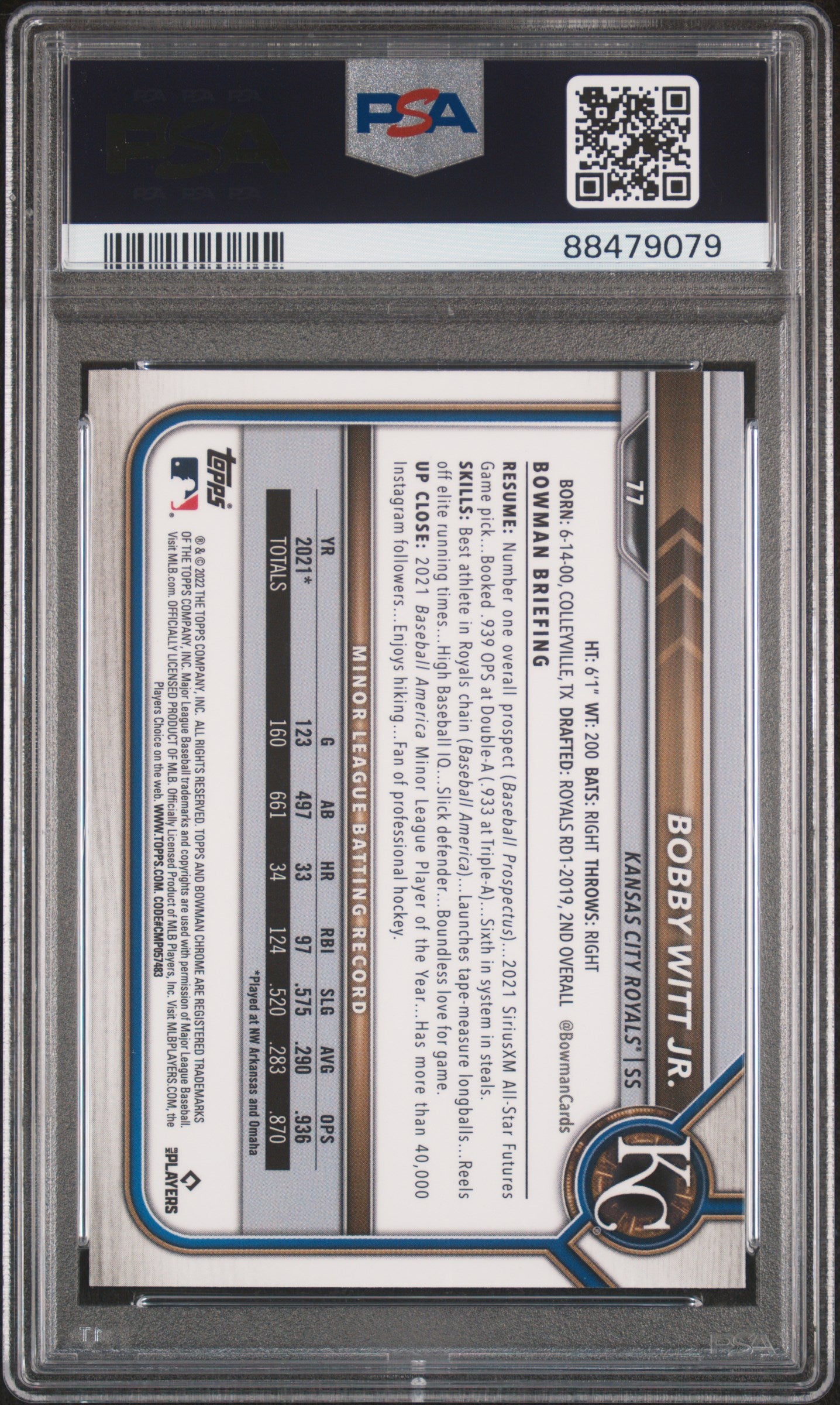 2022 Bobby Witt Jr.  Bowman Chrome Sapphire Edition #77 PSA 10