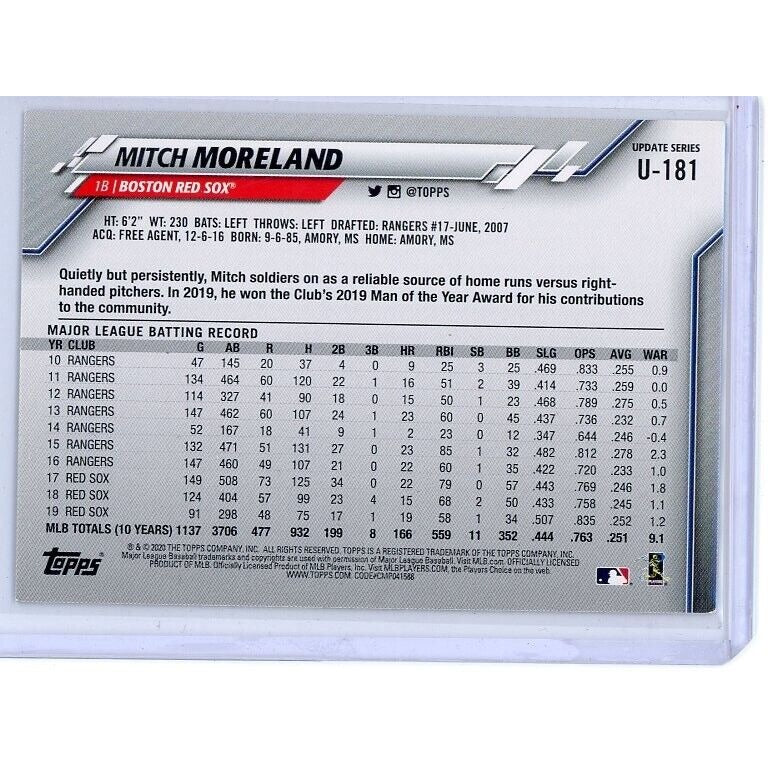 2020 Boston Red Sox Mitch Moreland Topps Update #U-181