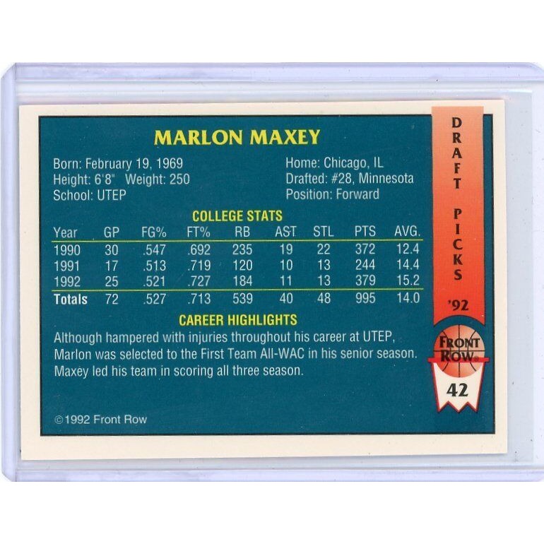 1992 Minnesota Timberwolves Marlon Maxey Front Row Draft Picks #42