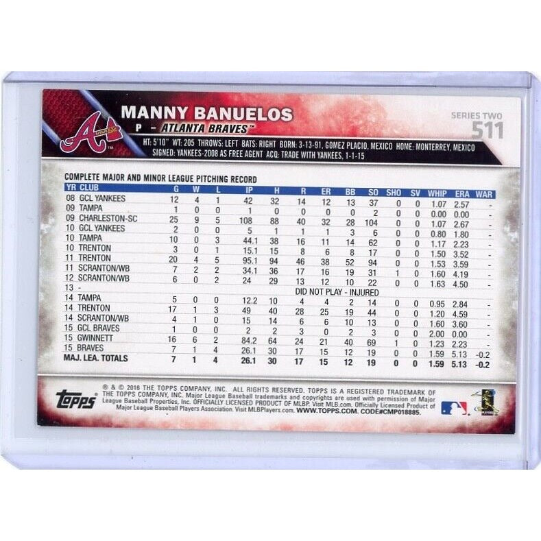 2016 Atlanta Braves Manny Banuelos Topps #511