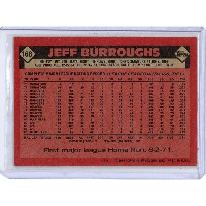 1986 Toronto Blue Jays Jeff Burroughs Topps #168