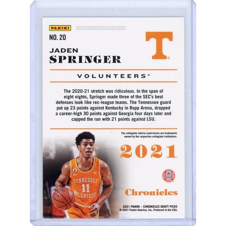 2021 Tennesse Volunteers Jaden Springer Panini Chronicles Draft Picks #20 RC