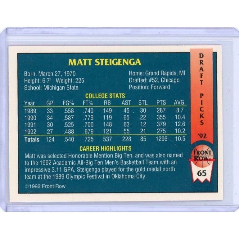 1992 Chicago Bulls Matt Steigenga Front Row Draft Picks #65