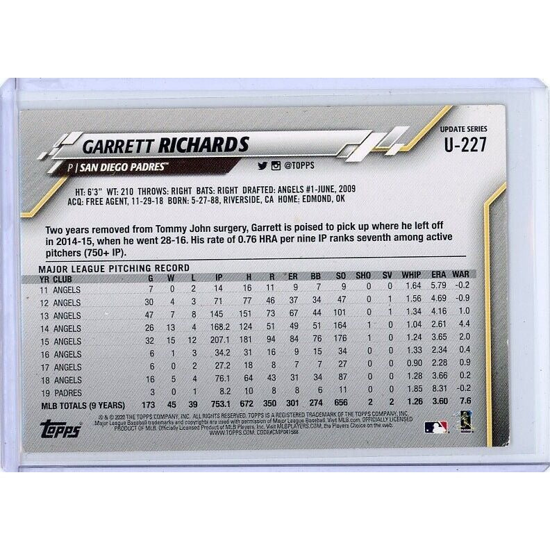 2020 San Diego Padres Garret Richards Topps Update #U-227