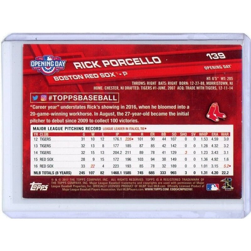 2017 Boston Red Sox Rick Porcello Topps Opening Day #139