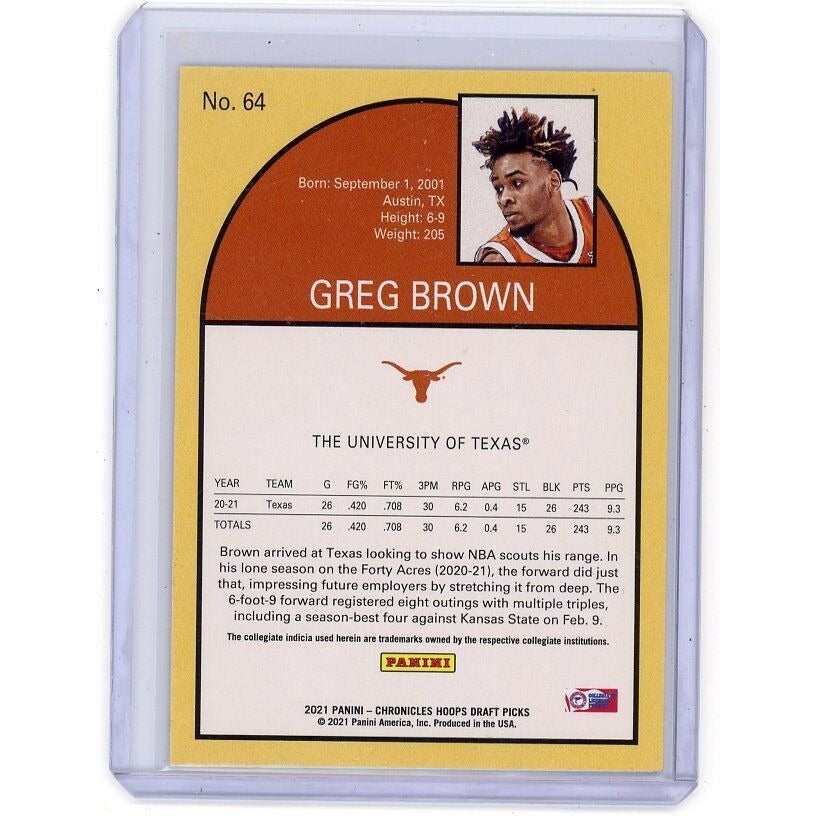 2021 University of Texas Greg Brown III Panini Chronicles Draft Picks #64