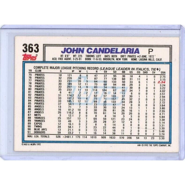 1992 Los Angeles Dodgers John Candelaria Topps #363