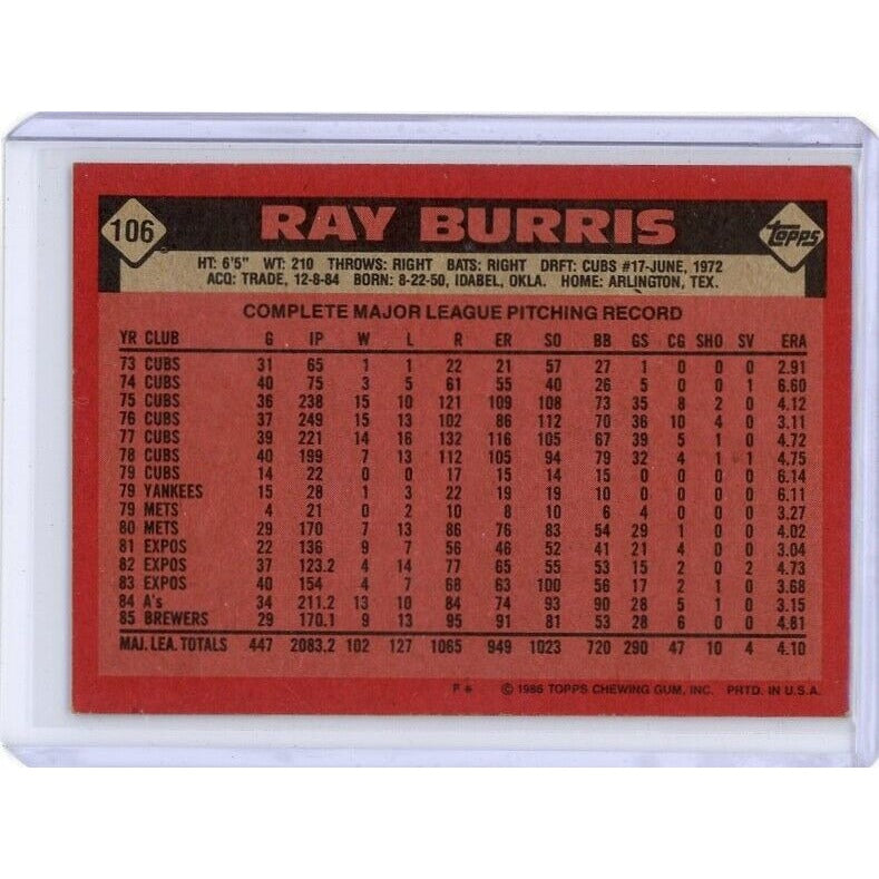 1986 Milwaukee Brewers Ray Burris Topps #106