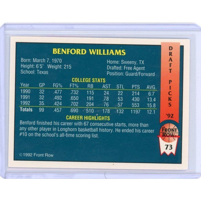 1992 Texas Longhorns Benford Williams Front Row Draft Picks #73