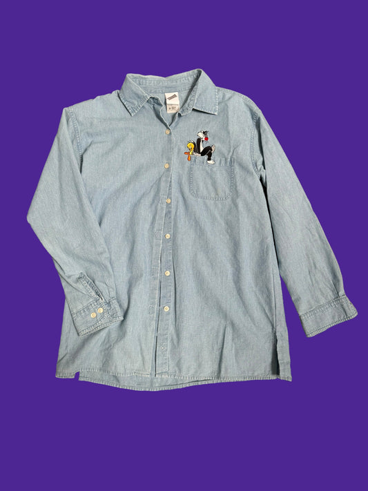 Silvester The Cat & Tweetie Bird Denim Button Up