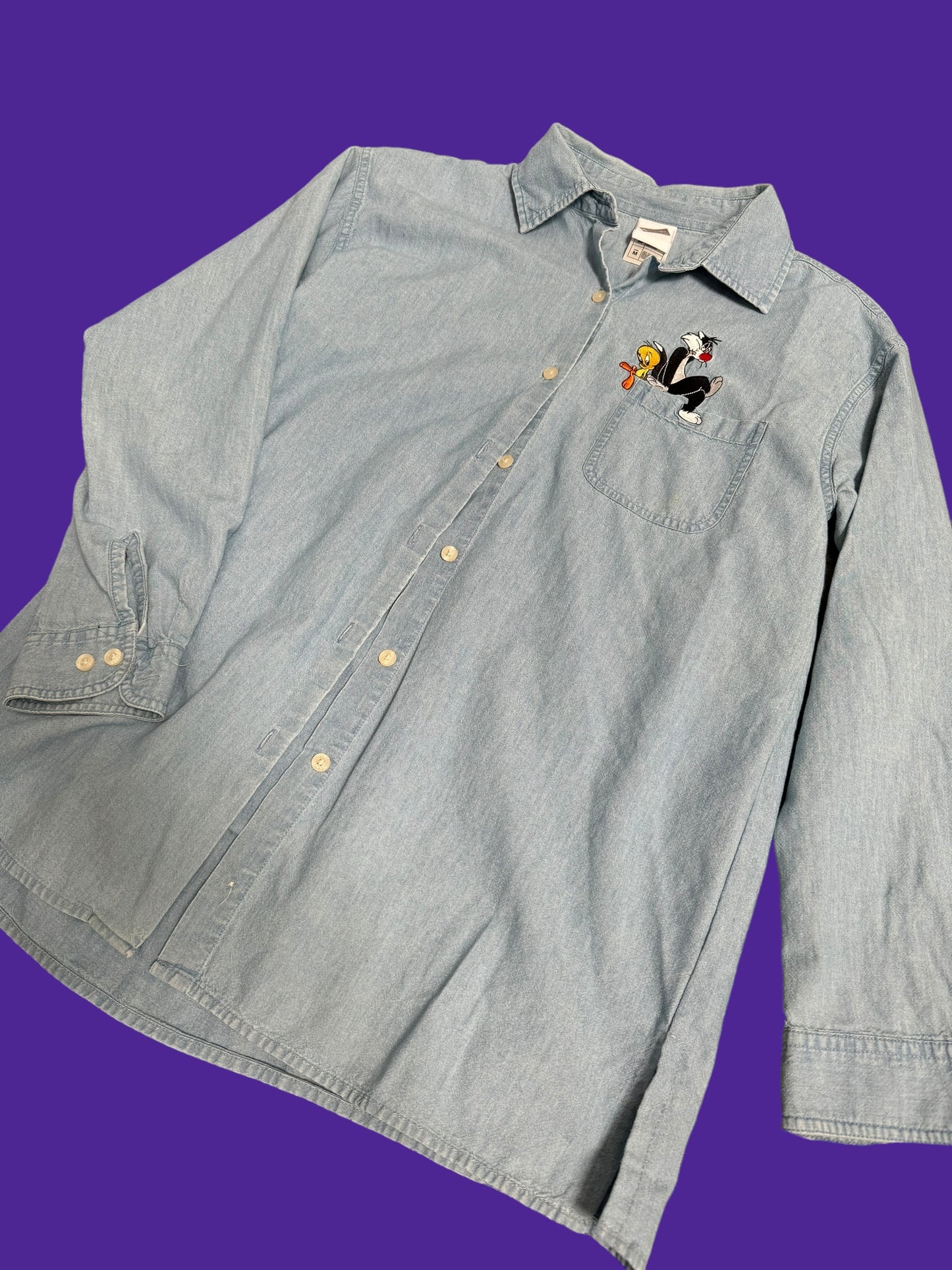 Silvester The Cat & Tweetie Bird Denim Button Up