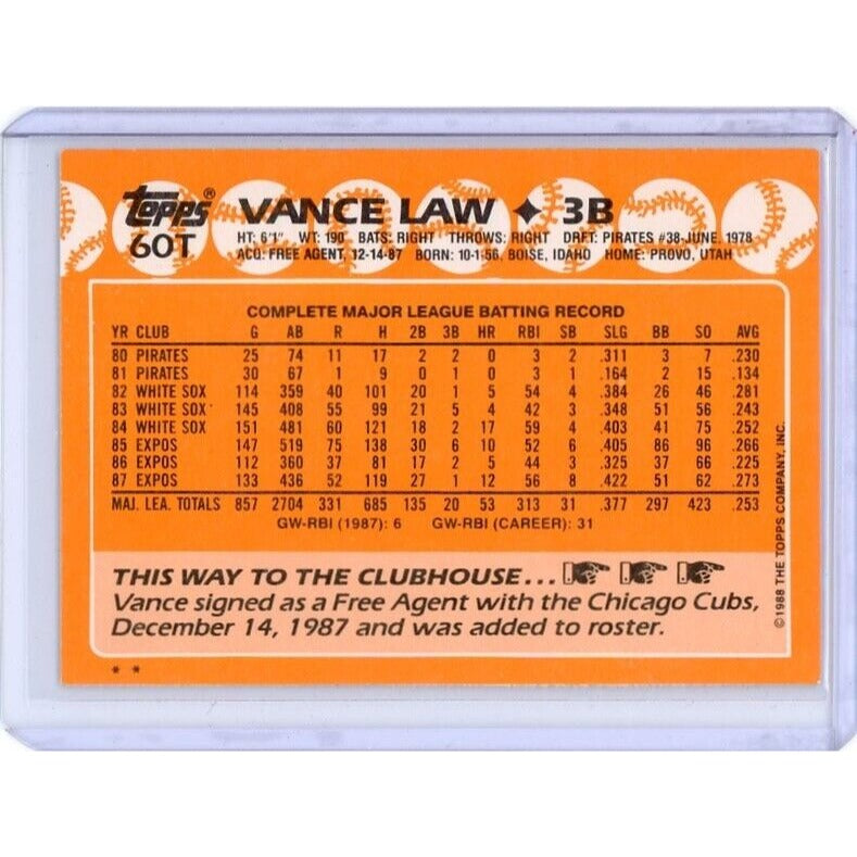 1988 Chicago Cubs Vance Law Topps Traded #60T