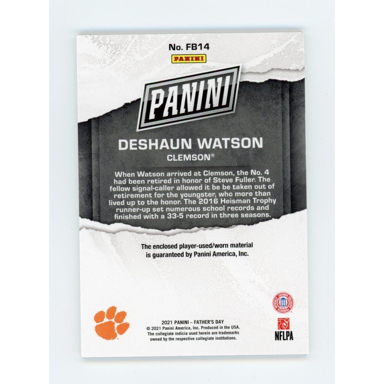 2021 Deshaun Watson Panini Clemson #FB14 Patch