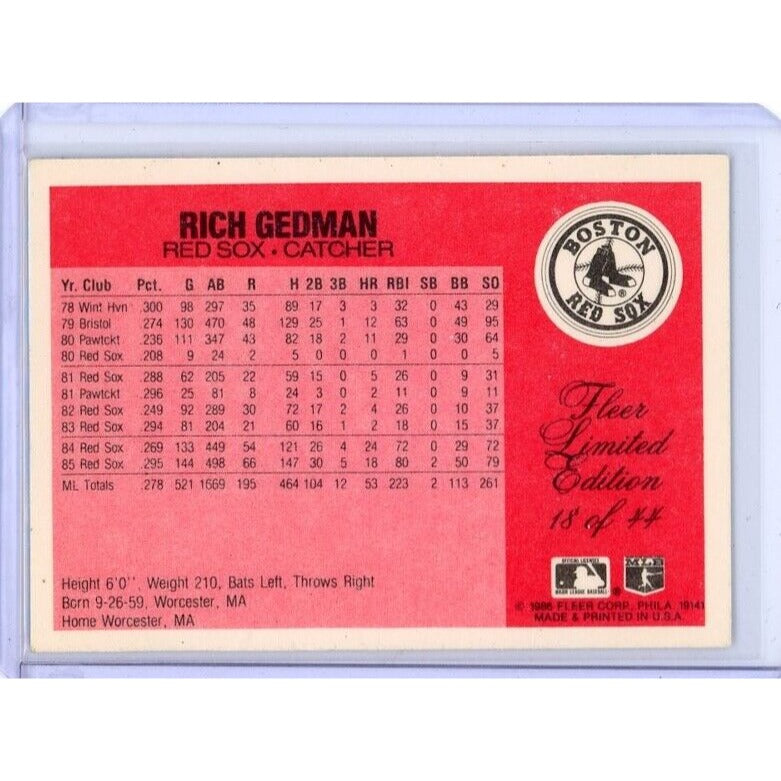 1986 Boston Red Sox Rich Gedman Fleer Limited Edition #18