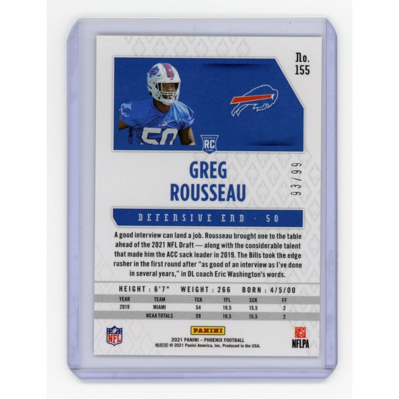 2021 Greg Rousseau Panini Phoenix #155 Orange