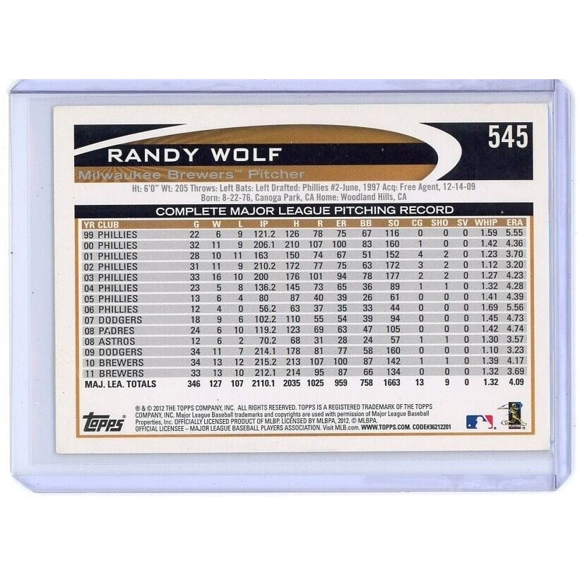 2012 Milwaukee Brewers Randy Wolf Topps #545