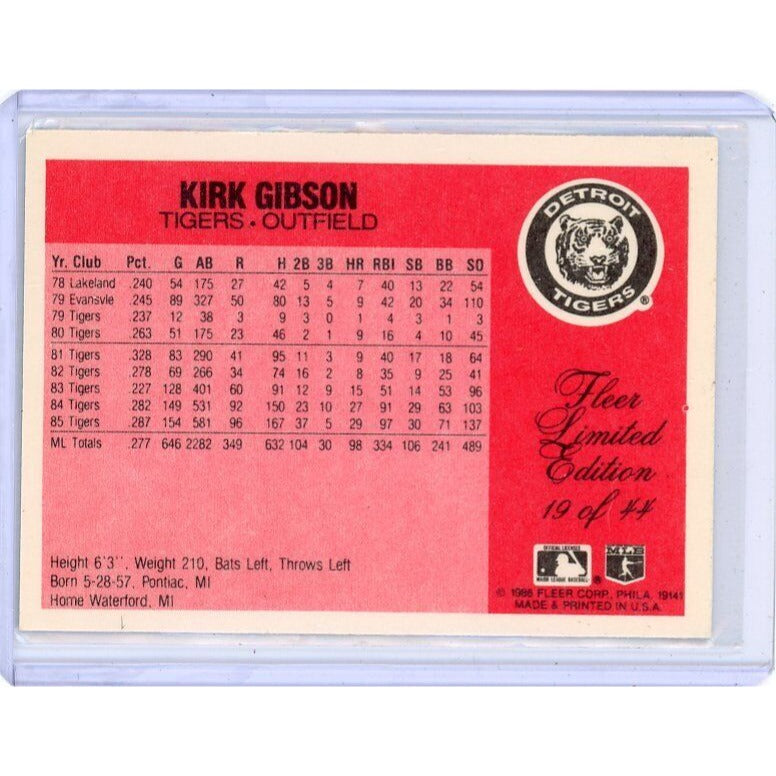 1986 Detroit Tigers Kirk Gibson Fleer Limited Edition #19 19/44