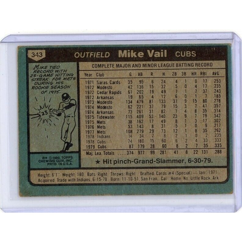 1980 Chicago Cubs Mike Vail Topps #343