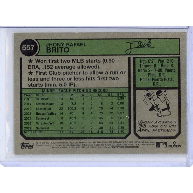 2023 New York Yankees Jhony Brito Topps Heritage #557