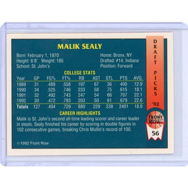 1992 Indiana Pacers Malik Sealy Front Row Draft Picks #56