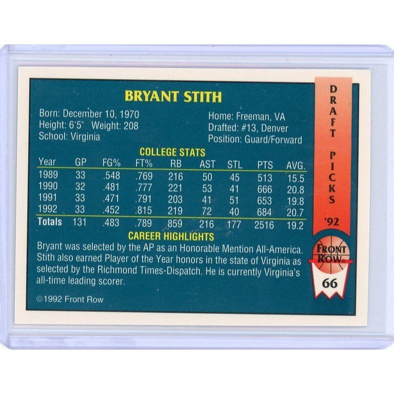 1992 Denver Nuggets  Bryant Stith Front Row Draft Picks #66