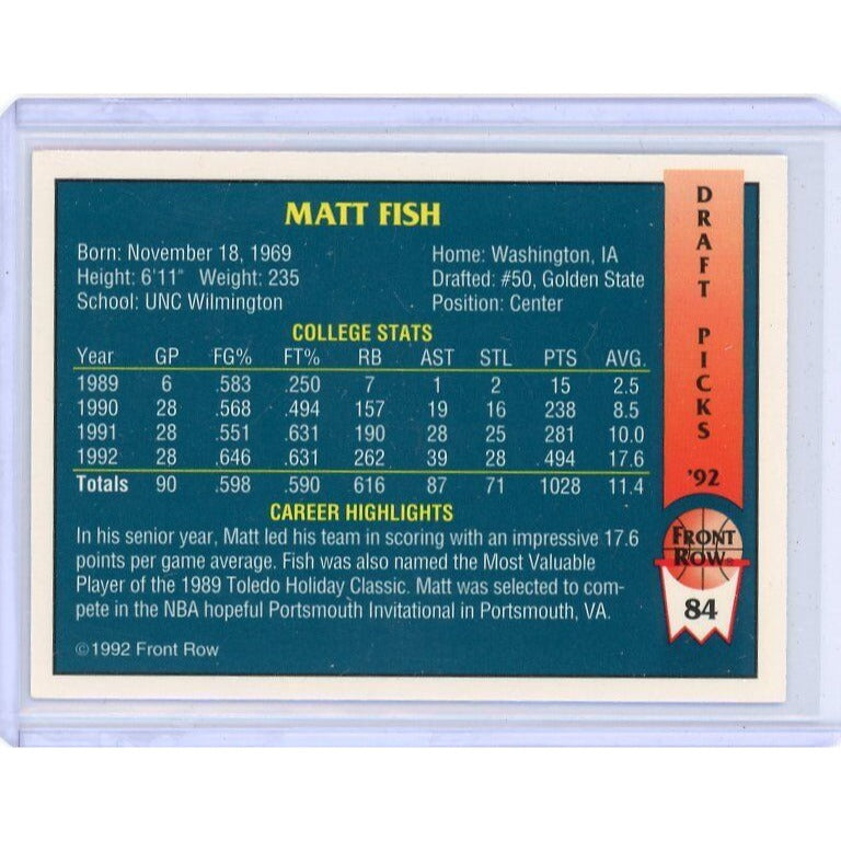 1992 Golden State Warriors Matt Fish Front Row Draft Picks #84