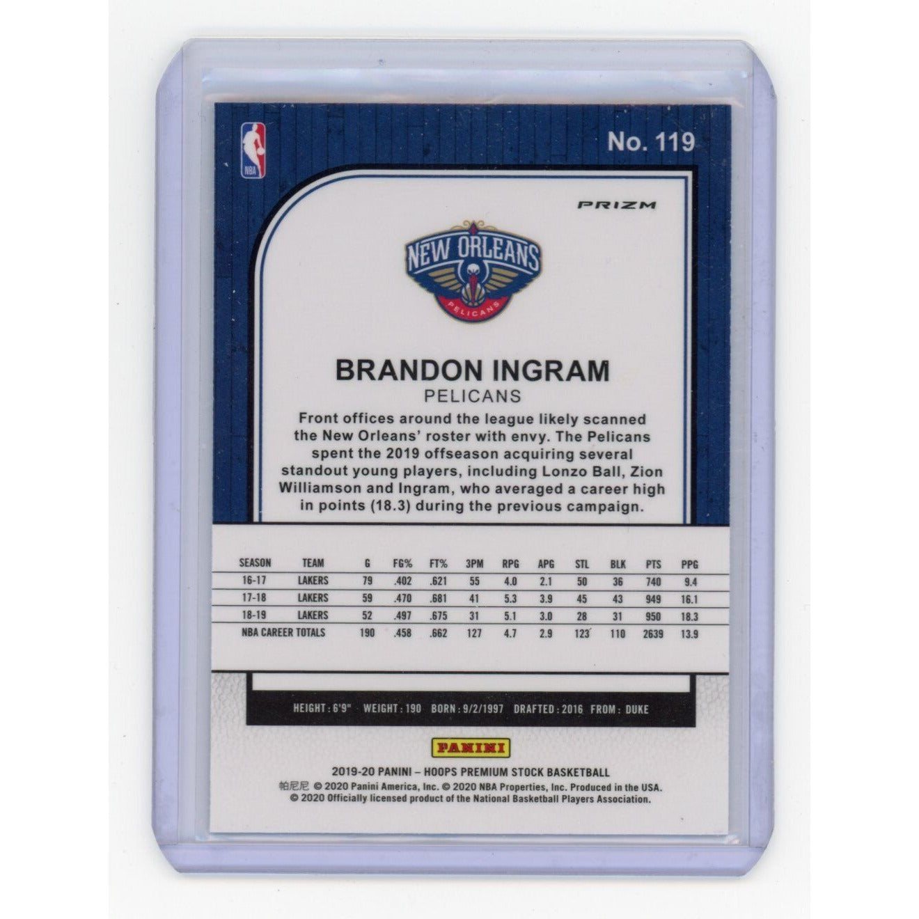 2019-20 Brandon Ingram Panini Hoops Premium Stock #119