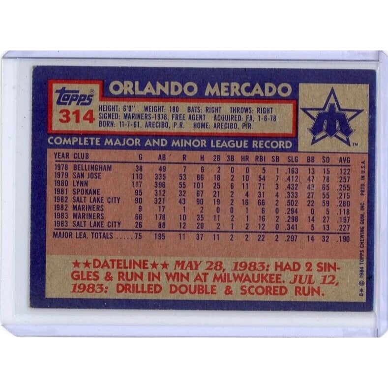 1984 Seattle Mariners Orlando Mercado Topps #314