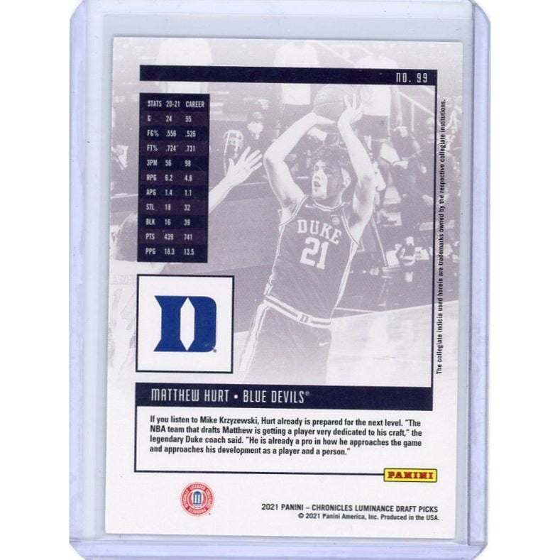 2021 Duke Blue Devils Matt Hurt Panini Chronicles Draft Picks #99