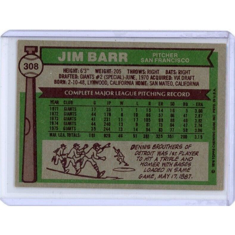 1976 San Francisco Giants Jim Barr Topps #308