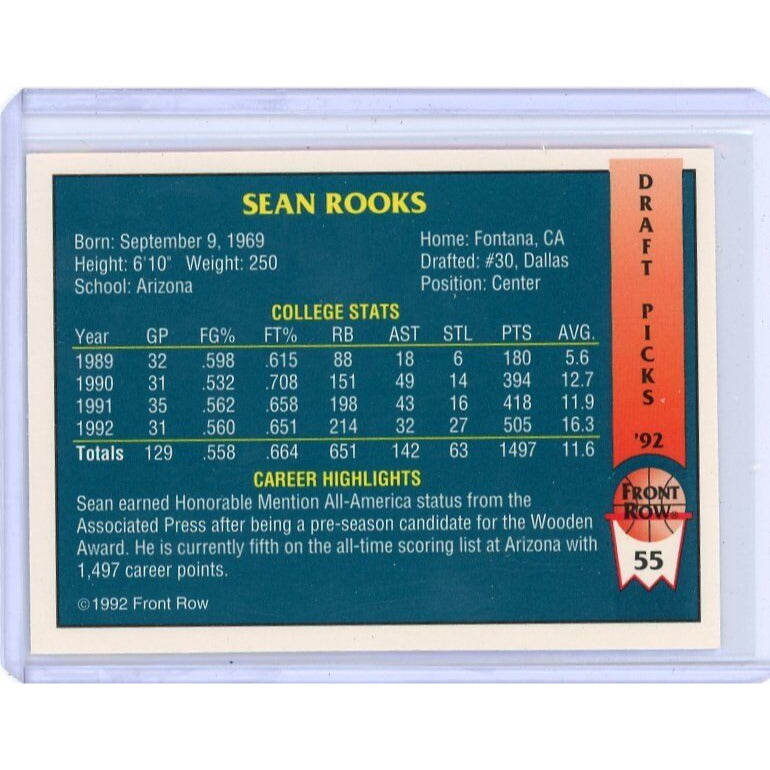 1992 Dallas Mavericks Sean Rooks Front Row Draft Picks #55