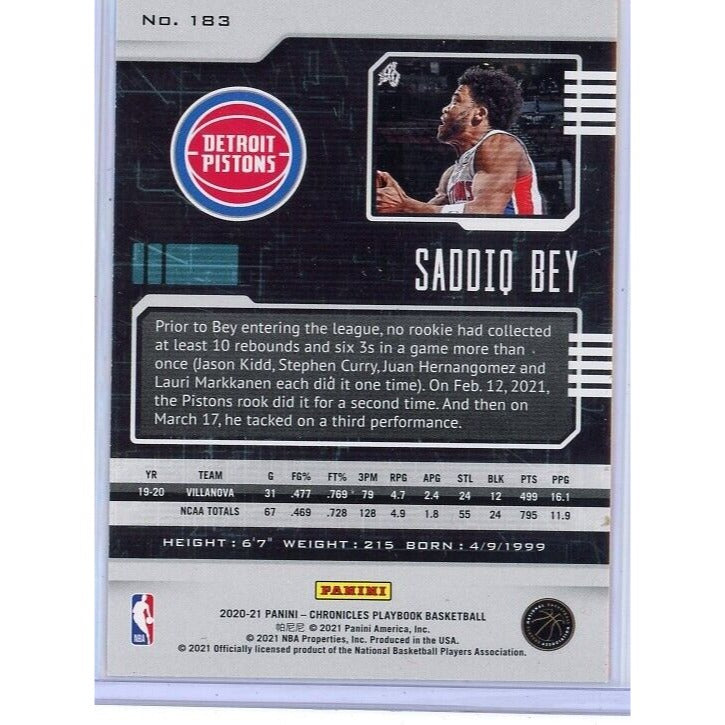 2020-21  Detroit Pistons Saddiq Bey Panini Chronicles #183