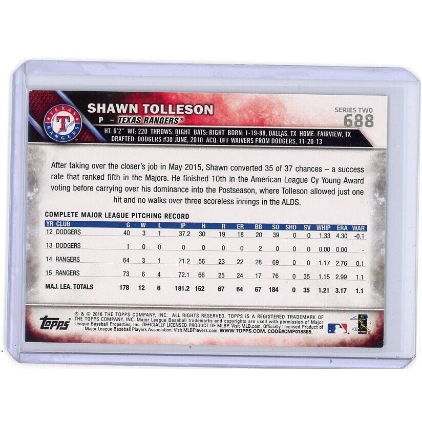 2016 Texas Rangers Shawn Tolleson Topps #688