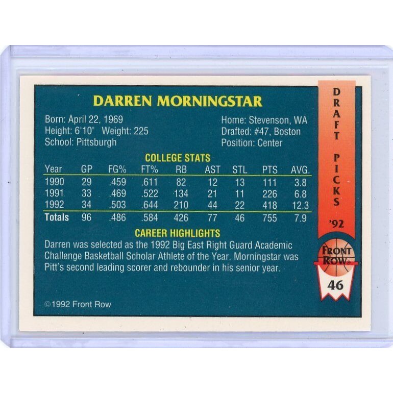 1992 Boston Celtics Darren Morningstar Front Row Draft Picks #46